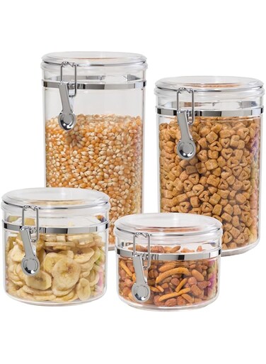 Oggi 4pc Clear Canister Set with Clamp Lids Airtight Containers in Sizes Ideal for Kitchen &amp; Pantry Storage of Bulk, Dry Foods Including Flour, Sugar, Coffee, Rice, Tea, Spices &amp; Herbs