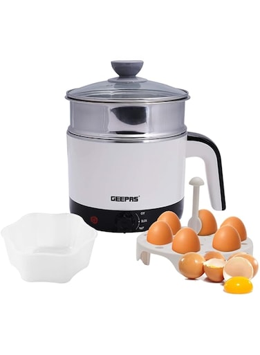 Geepas 1000W Multifunctional 1.7 L Double Layer Kettle - 3-in-1 Cordless Kettle, Steamer and Egg Boiler - Boil Dry Protection, 2 Speed Heating - Ideal for Steaming Vegetables Boiling Eggs