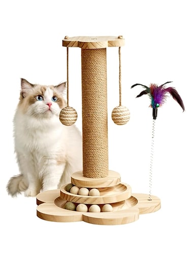 3Clock Cat Scratching Post, 4 in 1 Wooden Cat Scratcher Toy, 40CM Tall Scratch Post with 2 Level Cat Track Balls, Interactive Cat Feather Toy and 2 Sisal Hanging Balls for Indoor Kittens, Adult Cats