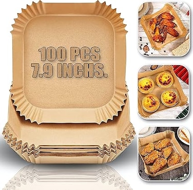 Air Fryer Disposable Paper Liners Square [100 Pack], 7.9 Inch Air Fryer Parchment Paper Liner, Non-Stick Air Fryer Paper Pads Oil Resistant, Waterproof, Food Grade Baking Paper for Roasting Microwave