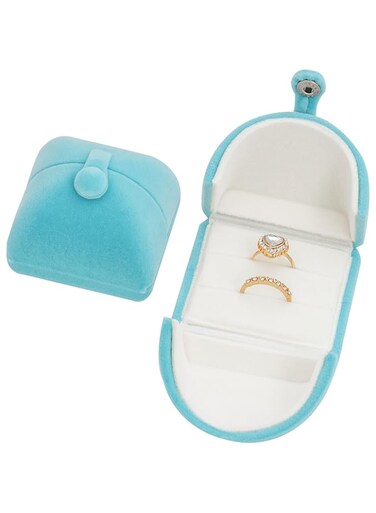 KASTWAVE Jewelry Travel Case with Double Openings &amp; Button Locks - Elegant Ring Display Holder for Engagement, Wedding &amp; Proposal (Blue)