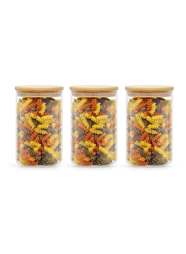 400 ML Clear High Borosilicate Glass Canisters with Lids Set of 3, BPA Free Food Storage Jars with Airtight Sealing Bamboo Covers for Kitchen Pantry and Vanity Organization