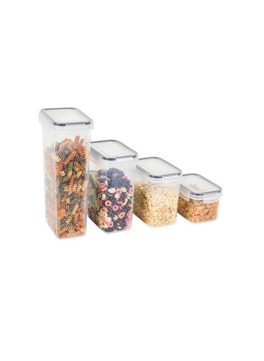 East 4 Pieces Airtight Cereal Storage Containers With Pouring Spout &acirc;&euro;&ldquo; Bpa-Free, 4-Sided Locking Lids (2.8L + 2L + 1.4L + 0.8L) Clear