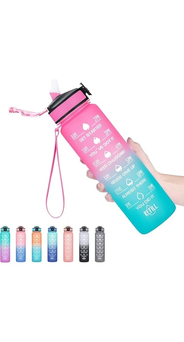 Water Bottle with Times to Drink and Straw, Durable and Leakproof Water Bottles Motivational with Time Marker, Tritan, BPA Free Sports Water Bottle for Fitness, Gym and Outdoor   1L