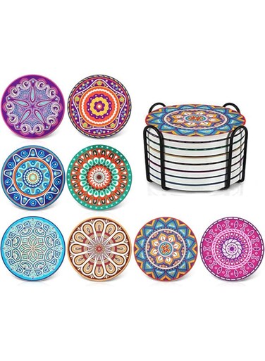 Goodstuff Absorbing Stone Mandala Coasters for Drinks - Cork Base, with Holder, Unique Present for Friends, Men, Women, Funny Birthday Housewarming Gifts, Apartment Kitchen Room Bar Decor, Set of 8