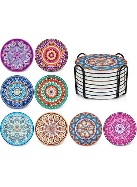 Goodstuff Absorbing Stone Mandala Coasters for Drinks - Cork Base, with Holder, Unique Present for Friends, Men, Women, Funny Birthday Housewarming Gifts, Apartment Kitchen Room Bar Decor, Set of 8