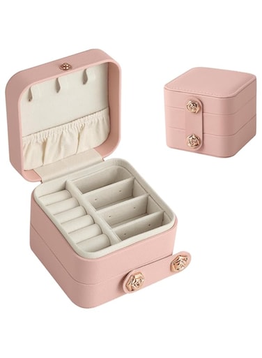 Azonee Leather Travel Jewelry Organizer Box, Small Fashion Jewelry Organizer Two Layers Storage Case, for Bracelets, Earrings, Rings Gift, for Girls, Women, Mother, Daughter (Pink)