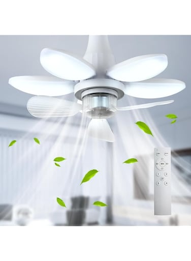 GEADI Ceiling Fans with Lights and Remote, 29cm E27 Foldable Base Socket Fan Light, 4 Fan Speed, 3 Colours 3000K-6000K, Fan Lights Ceiling for Bedroom, Kitchen Easy Install LED Bulb/Ceiling Fan