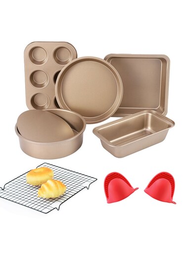 Nonstick Bakeware Set 7 PCS Baking Pans Set- Pizza Tray, Round/Square Pans, Loaf Pan, 6-Cup Muffin Pan Carbon Steel Baking Trays Oven Trays for Bakers Beginners with Rack &amp; Mitts (Golden)