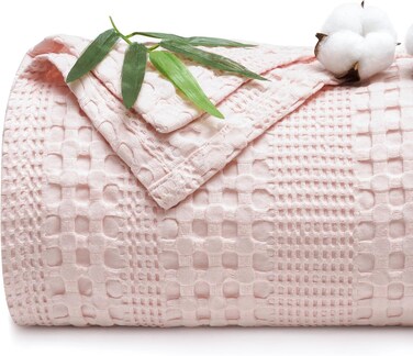 Bamboo Cotton Waffle Blanket, Queen Size (228 cm x 228 cm) for Couch, Bed, Snag Proof for Spring Summer Lightweight Breathable, Pink