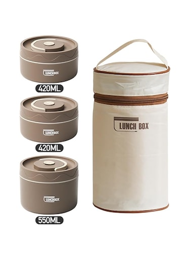 TAPIT Stainless Steel Thermal Bento Box Leakproof Lunch Box,Portable Insulated Lunch Container Set With Bag For Adults, Kids Stackable Stainless Steel Food Container (3 Layer coffee,2*420ml+1*550ml)