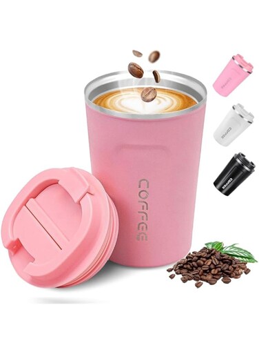 Proxima Direct Coffee Travel Mug, 380ml Stainless Steel Insulated &amp; Reusable Cup with Leak Proof Lid, Eco-Friendly Coffee Cup for Hot, Cold Drinks (Pink)