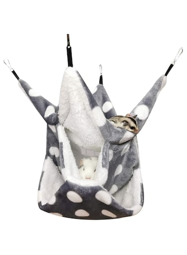 Small Pet Cage Hammock, Warm Plush Triple BunkBed Hanging Hammock Cage Accessories for Parrot Sugar Glider Ferret Squirrel Hamster Rat Hideout Playing Sleeping, Grey