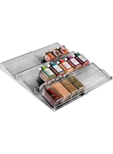 mDesign Expandable Plastic Deluxe Spice Rack, Drawer Organizer for Kitchen Cabinet Drawers, 3 Tier Slanted for Spice Jars, Food Seasoning Bottle Storage, Ligne Collection - Smoke Gray