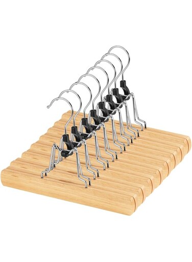 AMKUFO Natural Wooden Pants Hangers with Clips 12 Pack Non Slip Skirt Hangers Trouser Clamp Hanger Solid Wood Hanger with 360&deg; Swivel Hook