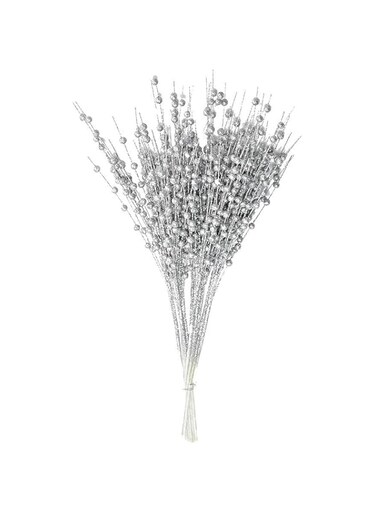 Tazweeq 12 Pcs Long Artificial Glitter Berry Stem Ornaments, Tree Flower DIY Decoration Accessories, Foam Balls Silver for Bridal Beaded Wedding Party Table Decorations (Sliver)