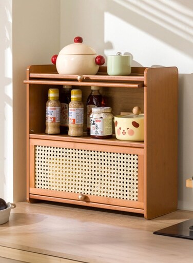 2-Tier Bamboo Kitchen Pantry Storage Cabinet, Countertop Cabinet, Small Pantry Sideboard Organizer Shelf, Spice Rack, Wood Mug Cup Bowl Storage Box with Flip-Top Hovering Cabinet Door