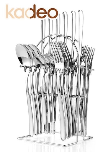 24PCS Cutlery Set with Holder, Stainless Steel Flatware Set Rack, Dishwasher Safe Silverware Set with stand, Hanging Utensils Set Service for 6, Eating Tableware Set Include Fork Knife Spoon