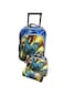 3 Pieces Cartoon-Printed School Trolley Bag for Kids (16 &amp; 18 Inch) with Lunch Bag and Pencil Pouch Included (Sky Blue Gold Dinosaur, 18 Inch)