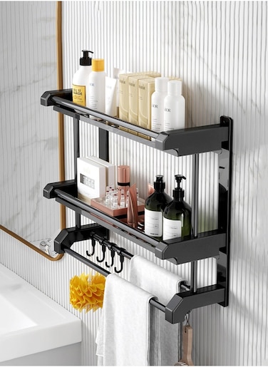 2 Tier Bathroom Wall Shelf, Shelf with Towel Bar, Shower Organiser with Hooks, Bathroom Kitchen Organiser