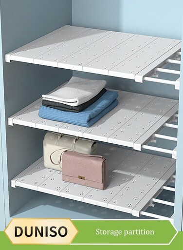 Wardrobe Tension Rack, expandable wardrobe rack, adjustable storage rack, non perforated collection partition, used for wardrobes, cabinets, bookshelves, bathrooms, white (42cm wide, adjustable from 48 to 80cm long)