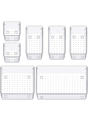 Zeinwap Drawer Organizer Set Dresser Desk Drawer Dividers,Multipurpose Plastic Storage Bins For Makeup Dresser Kitchen Office (7 Pcs, Transparent)
