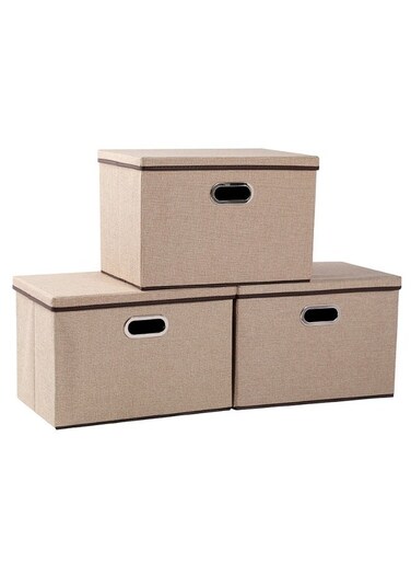 Collapsible Stackable Storage Bins with Lids, 3 Pcs Foldable Fabric Closet Storage Boxes with Lids, Heavy-duty Linen Storage Cube Box with 2 Handles (Khaki)
