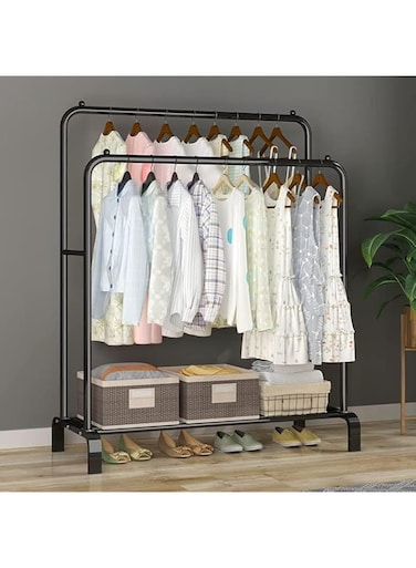 Clothes Rack, Clothing Garment Rack Metal Double Rail Hanging Clothes 2-Tier Storage Shelf For Boxes Shoes Boots Commercial Grade Multi-Purpose Entryway Shelving Unit For Home Office Bedroom (Black)