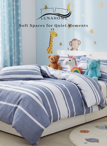 Home Single Size 4 Pieces set ( 1 Duvet cover - 160*210cm. 1 Fitted sheet - 100*200+30cm. 2 Pillow cases - 50*75cm. ) Blue Stripe Pattern Bedding Collection.