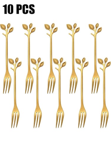 10 Pcs Leaf Shape Fruit Forks Set, Stainless Steel Gold Fruit Salad Forks, 4.7 Inches Tasting Dessert Forks (Golden)