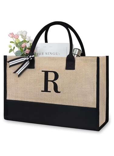 TOPDesign Personalized Initial Jute Bag, Tote Bag for Women