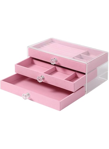 ESYAMIPET Clear Acrylic Velvet Jewelry Organizer with 3 Drawers, Stackable, Dustproof for Accessories (Pink)
