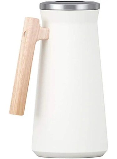 1L White Thermal Coffee Carafe &acirc;&euro;&ldquo; Stainless Steel Vacuum Flask with Wooden Handle &amp; Push-Button Lid &acirc;&euro;&ldquo; Keeps Drinks Hot or Cold for Hours