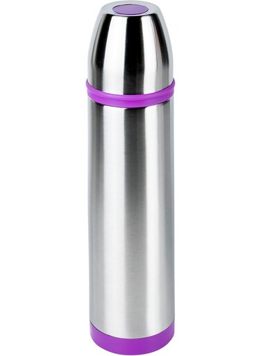 Stainless Steel Vacuum Flask 1L Double Wall Insulated with Color Band Silver/Purple   Hot &amp; Cold Thermal Flask