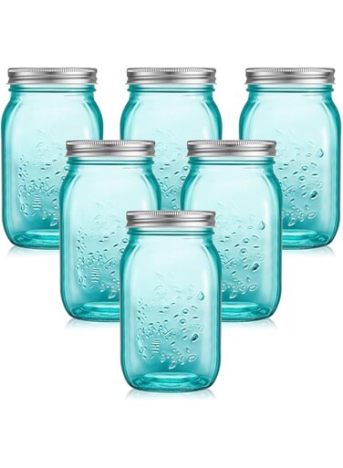 Yinder 6 Pack 32 oz Mason Jars with Lids Wide Mouth Colored Canning Jars Glass Container for Storage Canning Fermenting Pickling DIY Crafts Decoration Dishwasher Not Allowed (Turquoise)