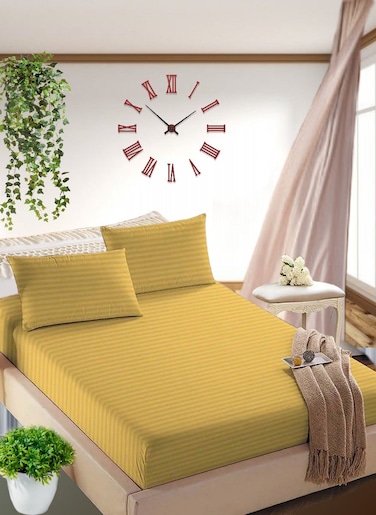 Golden Queen Size Striped Bed Sheet Set Cotton 180x200+25cm