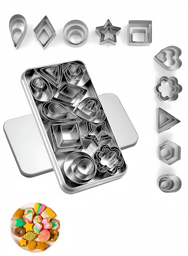 Mini Cookie Cutter Set with Box, Small Stainless Steel Veggie Cutters, Polymer Clay Cutters for Kids, Geometric Set for Biscuit Cutter Tiny Fruit Cutter