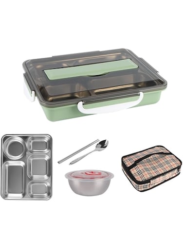 VAODO Bento Box and Lunch Bag Kit, Leakproof Stainless Steel 5-Compartment Lunch Box with Spoon and Soup Cup, for Adults, Children, Students, Office Microwave, Green