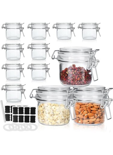 SKYLINK 12Pack 7 oz Glass Jars with Airtight Hinged Lids, Small Mason Jars for Kitchen Storage &amp; Canning, Includes 6 Extra Silicone Seals &amp; Writable Chalkboard Labels