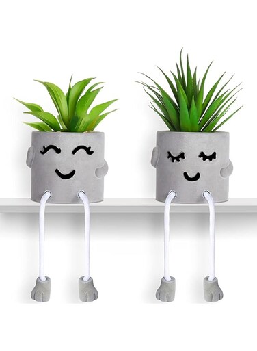 Angju Artificial Potted Plant Faux Succulent Plant Cubicle Decor Cute Fake Desktop Plant Hanging Leg Cement Potted Decor for Bookshelf Bedroom Living Room Office Decor