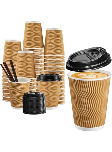OVILINES 8 oz [50pcs] Brown Disposable Ripple Insulated Paper Cups with Lids &amp; 30 Straws, Corrugated Coffee and Tea Cups, Eco-Friendly, Leak-Proof, Recyclable, Hot Beverage Ripple Wall Paper Cups