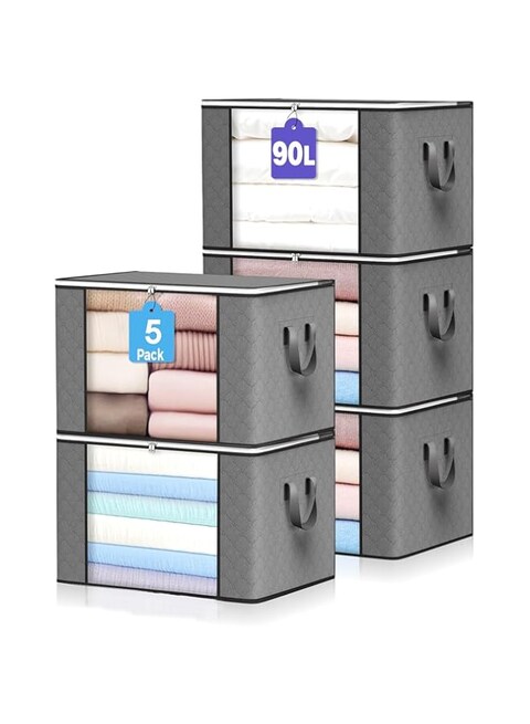 Nyganmelloz 90 L Large Storage Bags, 5 Pack Clothes Storage Bins Foldable Closet Organizers Storage Containers with Reinforced Handle for Clothing, Blanket, Comforters, Bed Sheets, Pillows and Toys