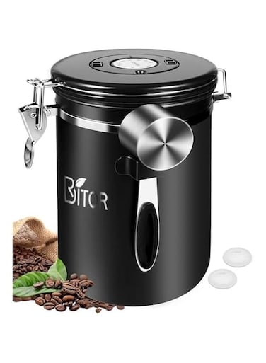1.8L Coffee Canister, Airtight Coffee Canister with Scoop, Coffee Jar with Built-in Valve, Date Tracker, 2 Spare Filter, Coffee Container for Beans, Ground, Tea, Flour and Sugar (Black)