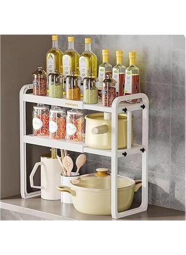 Extendable Kitchen Cabinet Shelf Organizers,Microwave Oven Rack Stand Organizer,Kitchen Countertop Storage, Spice Organizer,Under Sink Cabinet Organizer for Kitchen Bathroom Cabinet (White)