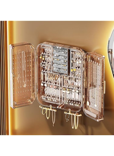 APAP Wall Mounted Jewelry Organizer,Transparent Necklace Storage Hanging Box,Hanging Jewelry Holder Box with Door，for Necklaces, Earings, Bracelets, Rings (Brown)