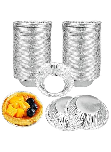 YHRY 100 Pcs Foil Trays Muffin Cases, Disposable Aluminum Foil Cups, Round Mini Egg Tart Cases Mold for Cake Tarts Cupcakes, Foil Pudding Dishes Basins Pancake Bun Cases Tin Pie Trays for Baking