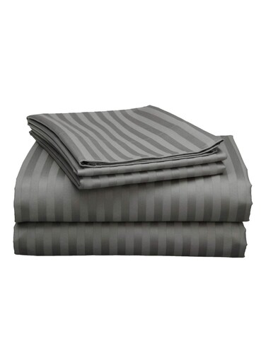 3 PC STRIPED HOTEL QUALITY 300TC BEDSHEET SET WITH 2 PILLOW COVERS GREY