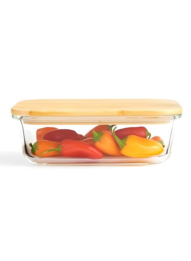 Borosilicate Glass Food Storage Container with Wooden Lid &amp; Silicone Removable Seal