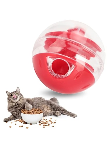 Slow Feeder Ball for Cats, Interactive Puzzle Game for Your Cat - Fill with Food and Treats - Great for Indoor Play for Kittens and Adult Cats, Portion Control and Fast Eaters (Red)