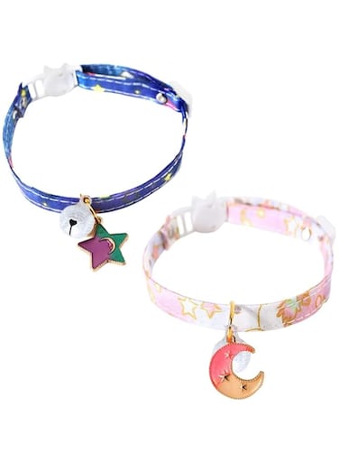 2 Pcs Cute Moon and Star Cat Collar with Bells Adjustable Cat Collar with Quick Release Buckle and Bell Adjustable Cute Kitty Collar with Bells for Cats Kitten
